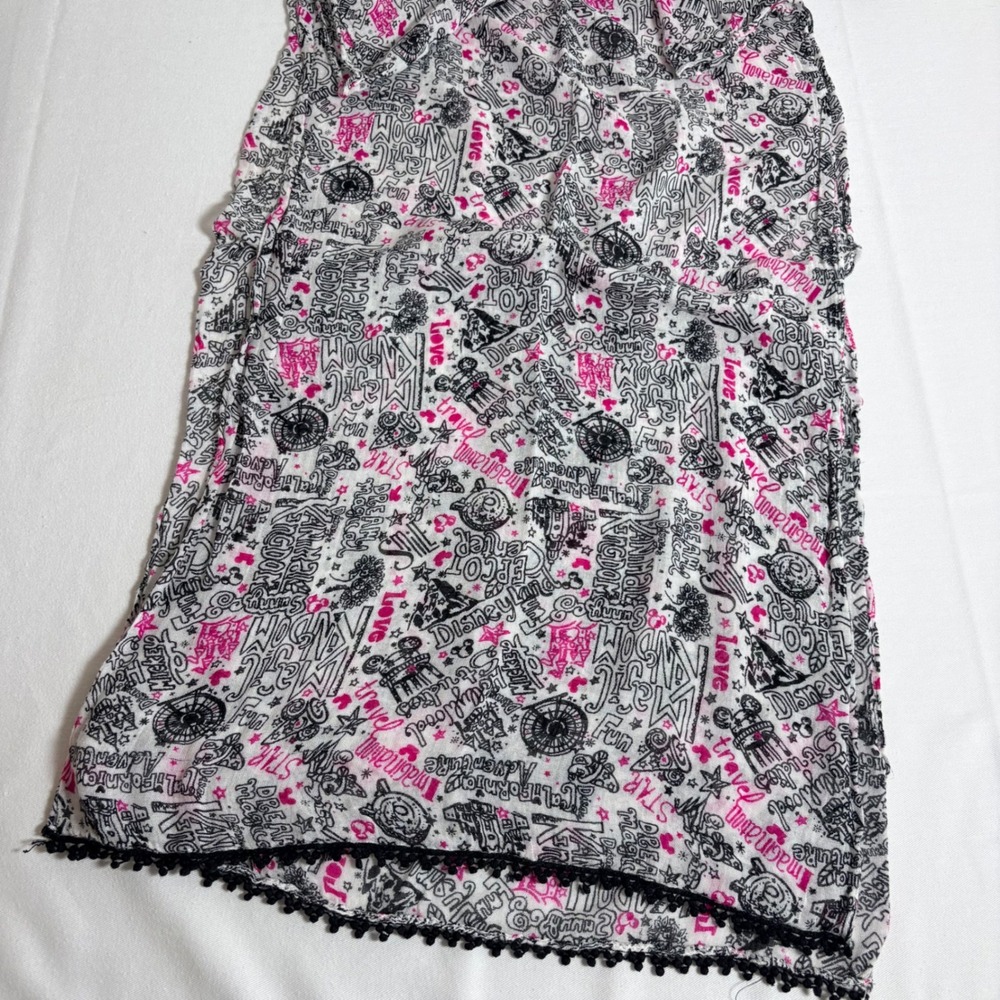 Disney Parks Scarf White Pink Mickey Mouse Good Pom Pom Trim Doodle Print